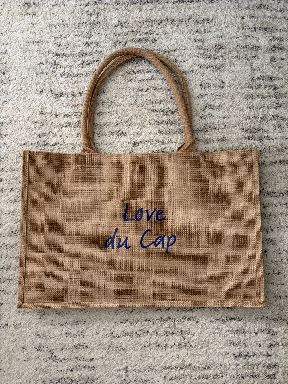 Hotel du Cap Jute Tote Bag in Natural Tan with Blue Script